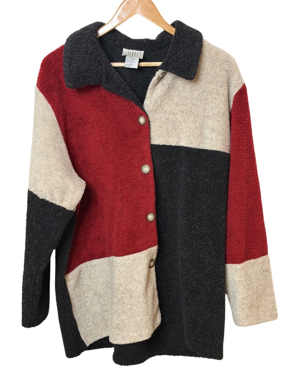 Teddi Sherpa Fleece‎ Jacket Womens 1X Colorblock Button Front Cozy Plush Coat